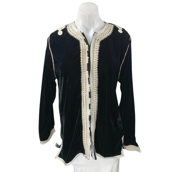 Women's Black Velvet Velour Moroccan Long Sleeve Embroidered Zip Up Blouse Top M - Picture 1 of 4